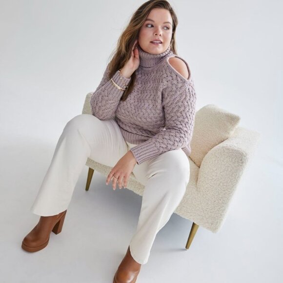 Addition Elle Cable Knit Chunky Turtleneck Sweater Cold Shoulder Tunic  winter - Picture 14 of 14